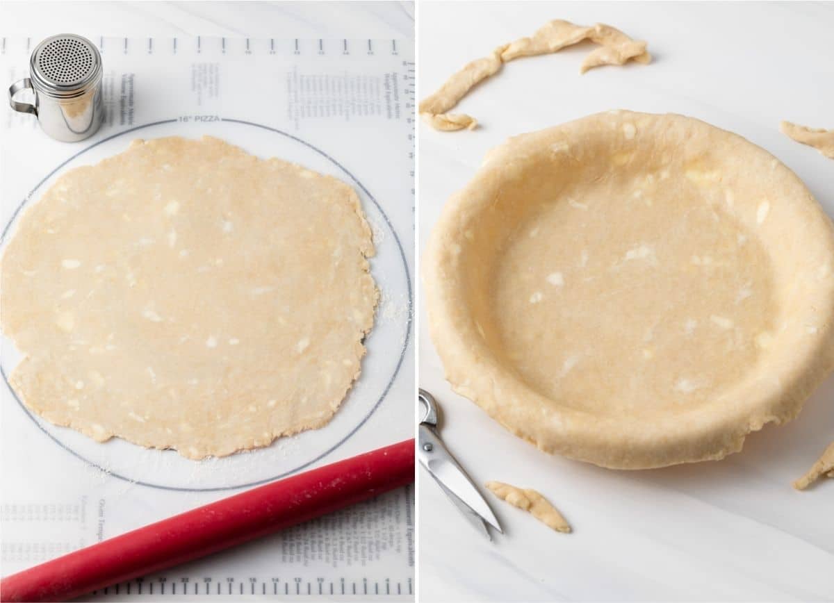 image of pie crust rolled out next to image of pie crust in pie pan