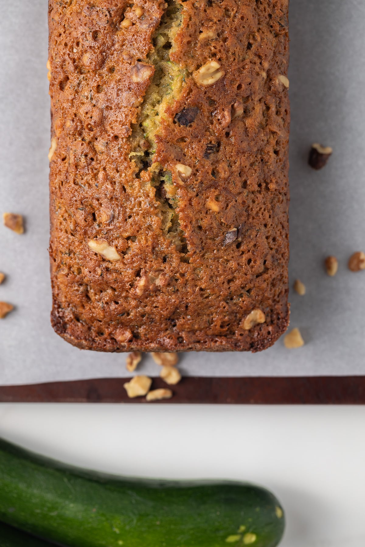 Overhead view of honey nut zucchini bread.