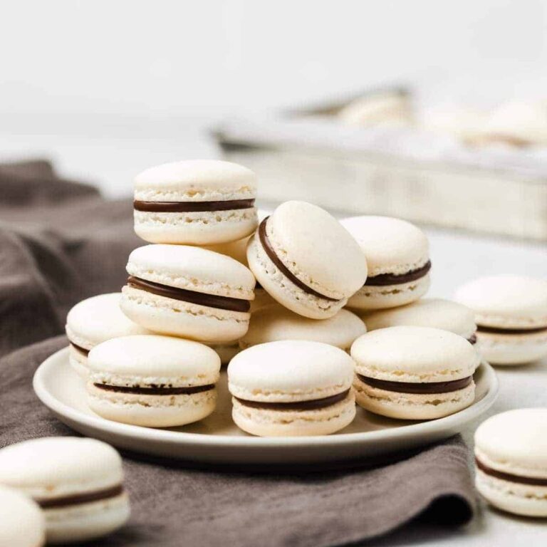gorgeous macarons with chocolate filling on a white plate