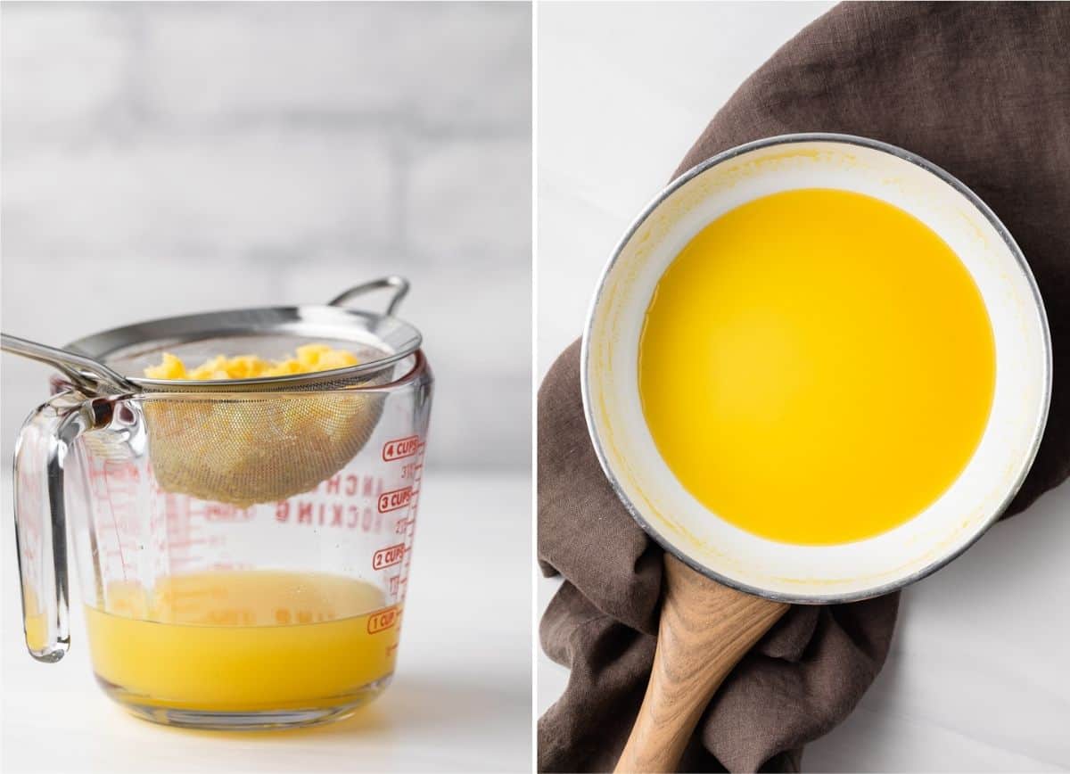 pineapple drained through sieve into glass measuring cup next to pineapple juice in fry pan