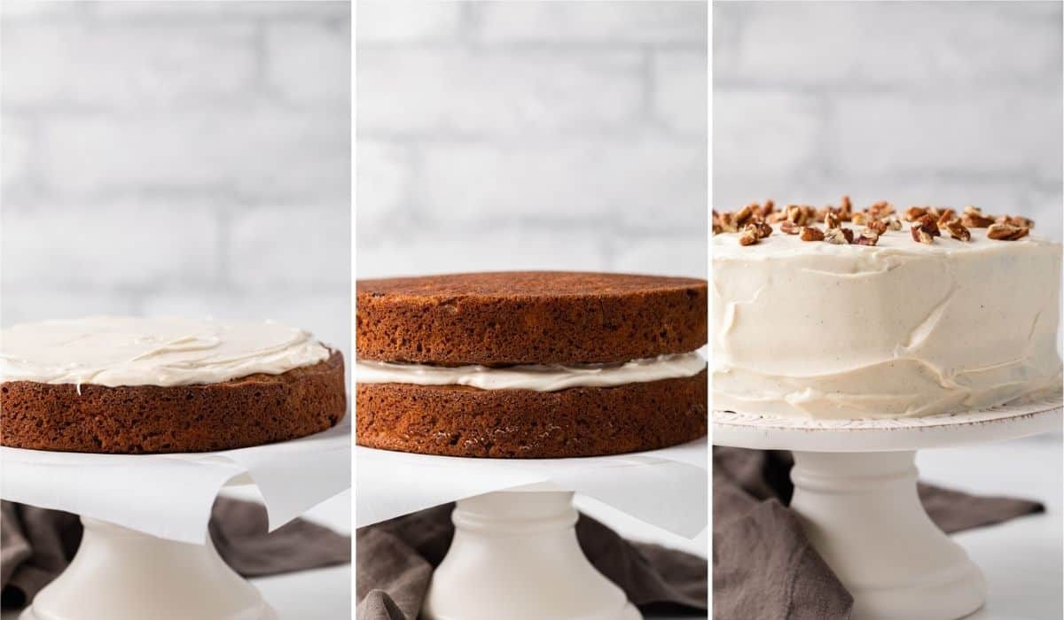 cream cheese frosting spread over single cake layer, then cream cheese frosting in between two cake layers, then whole cake coated in frosting and topped with chopped pecans