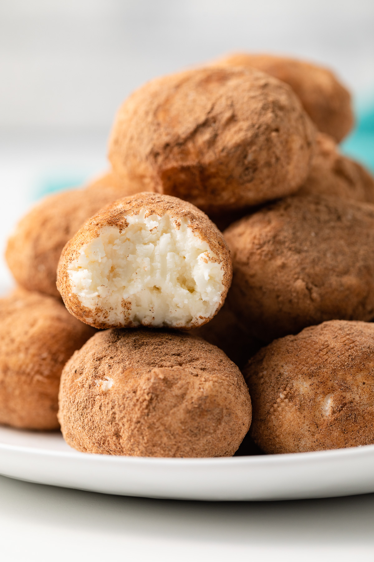 Close up of potato candy with a bite taken out.
