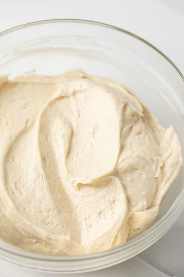 Cake batter in glass bowl.