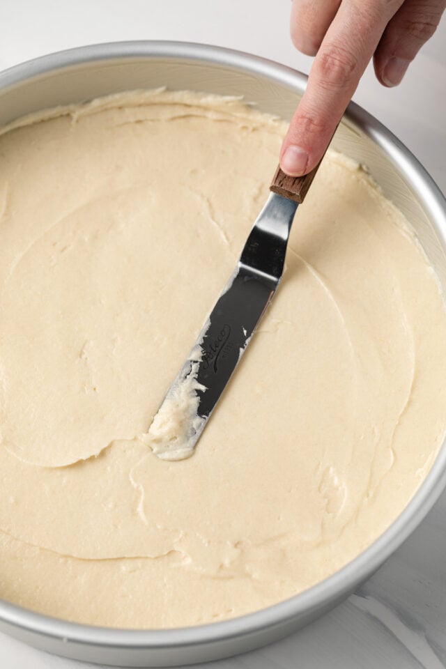Cake batter spread in cake pan.