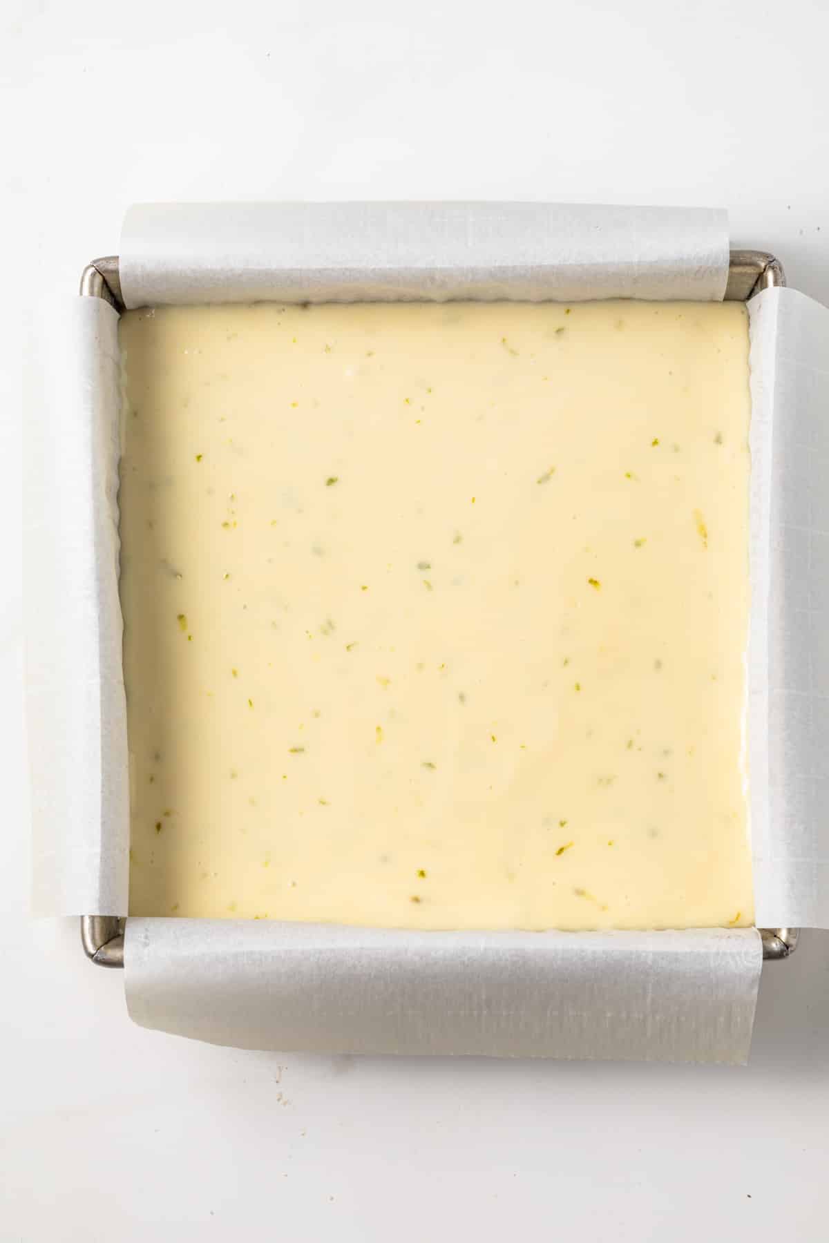 Baked key lime bars in a pan.