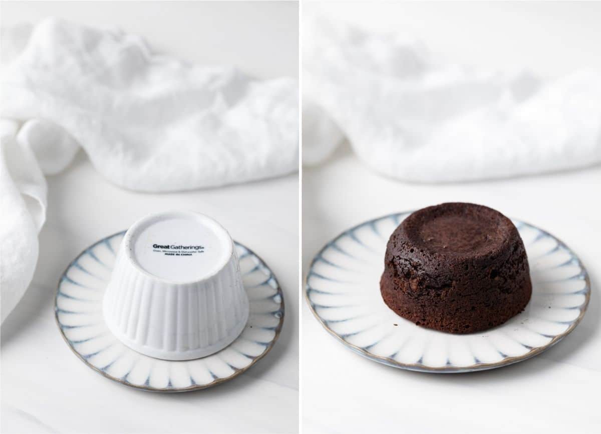ramekin inverted onto small round plate next to single molten cake on small round plate