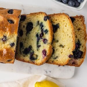 Overhead of sliced lemon blueberry bread.