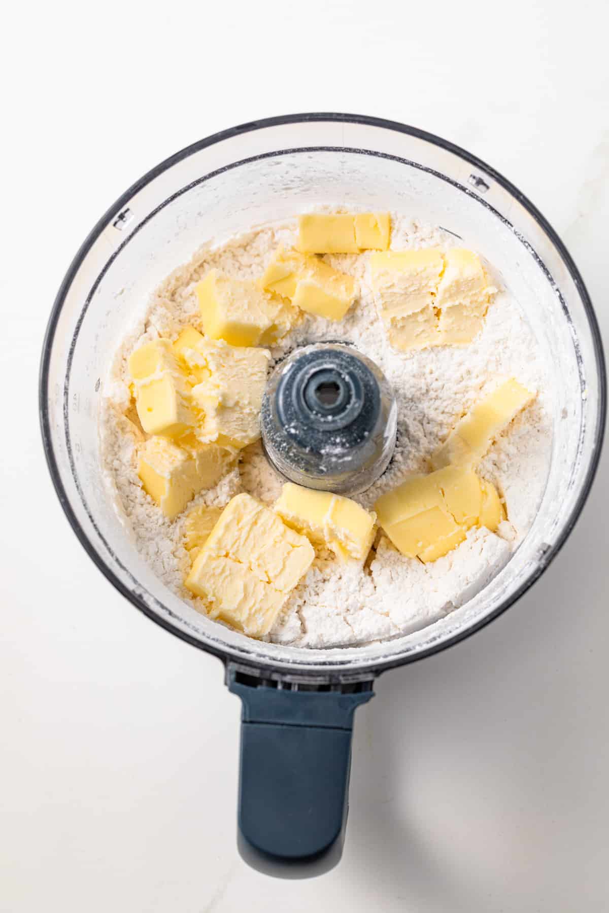 Dry ingredients with butter in a food processor.