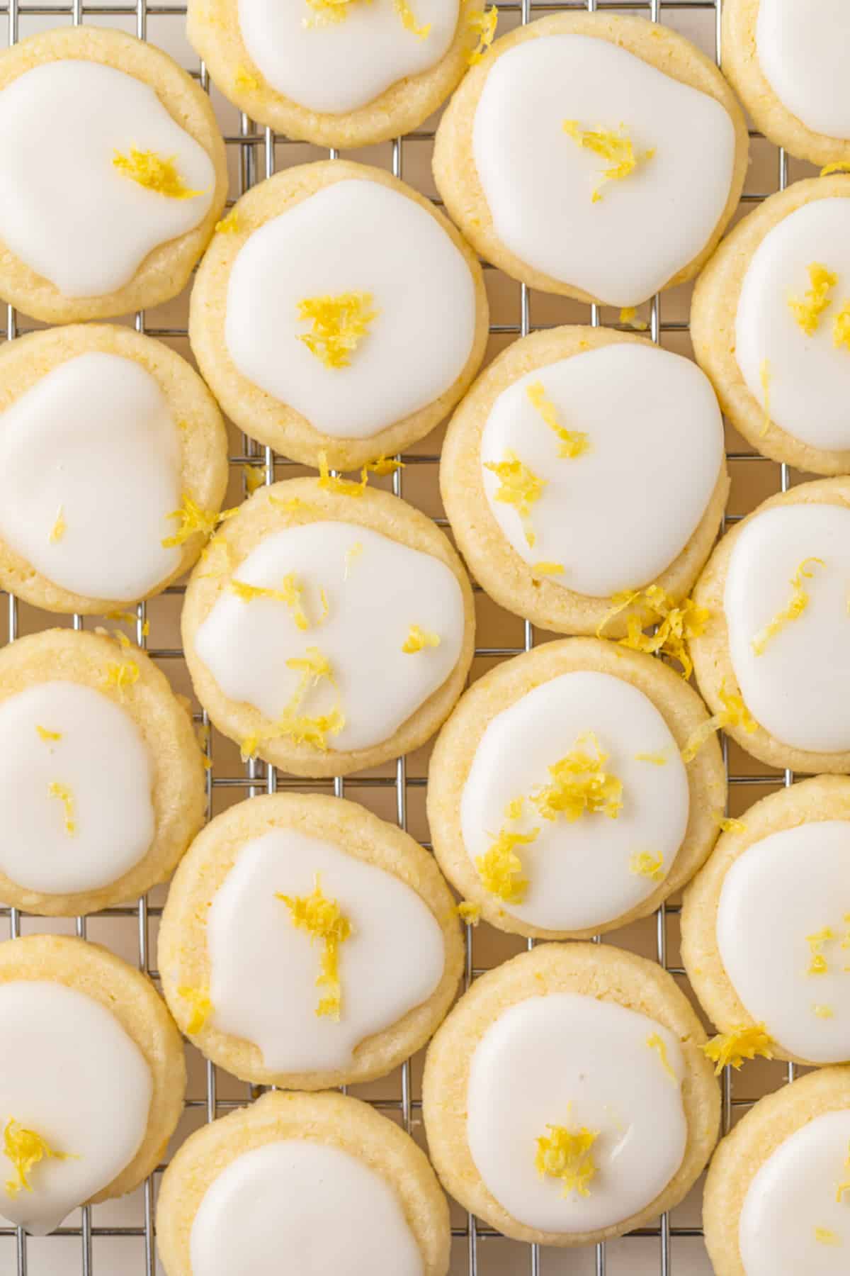Overhead of lemon meltaway cookies on a cooling rack.