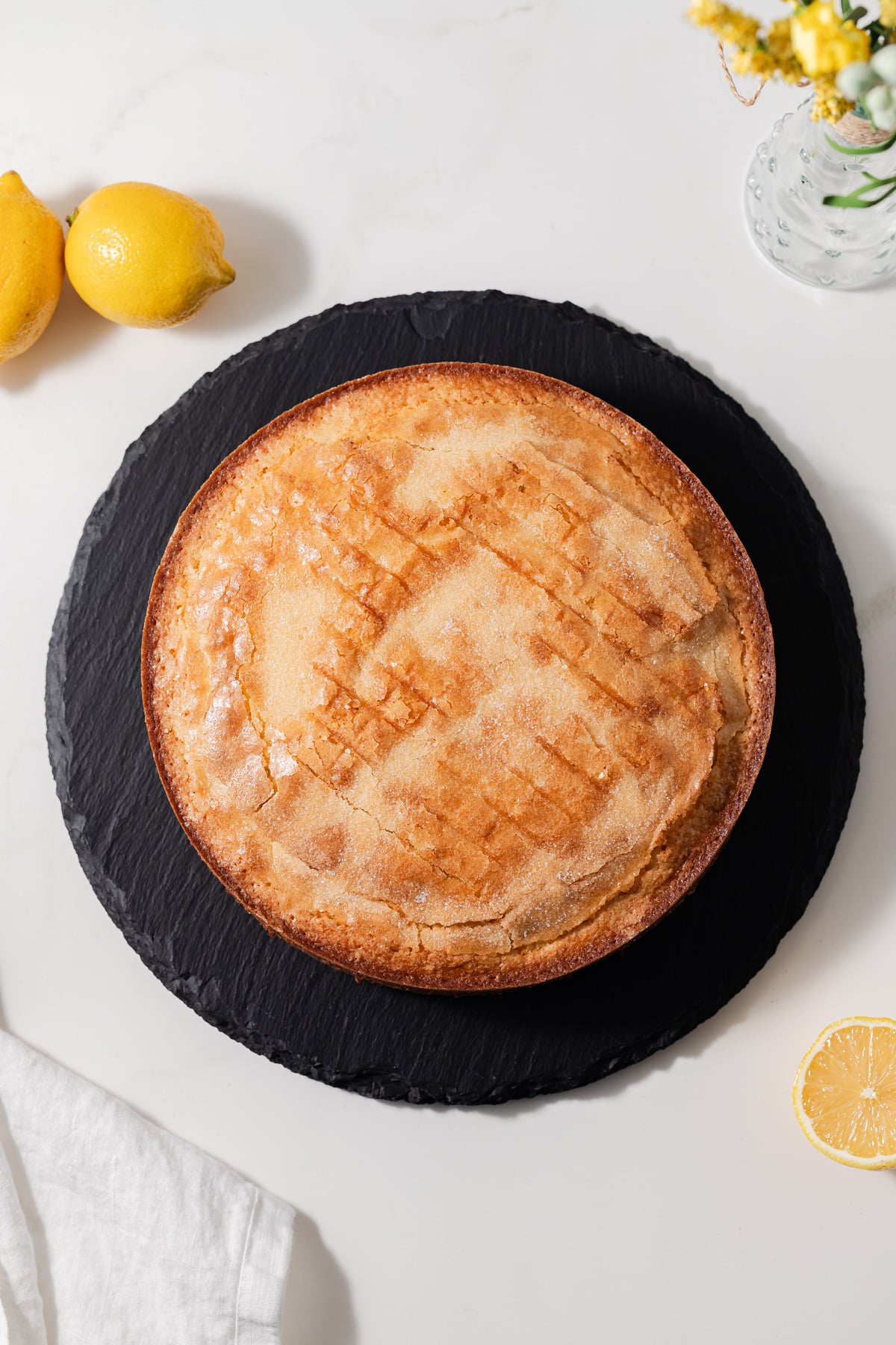 Overhead view of olive oil cake.
