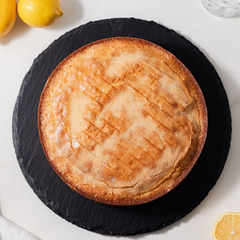 Overhead view of olive oil cake.