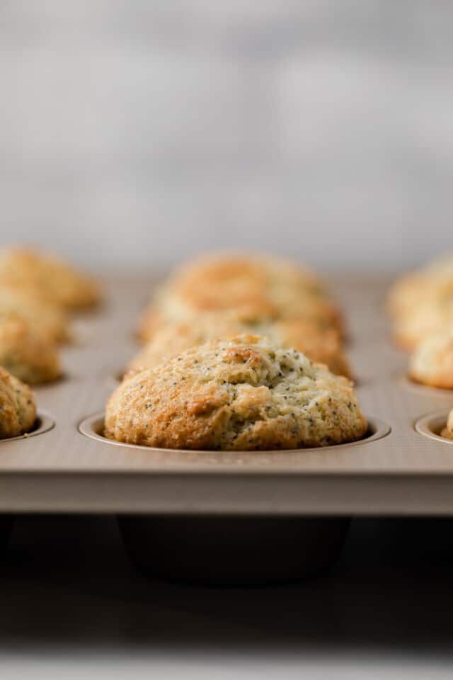 Lemon poppy seed muffins in muffin pan.
