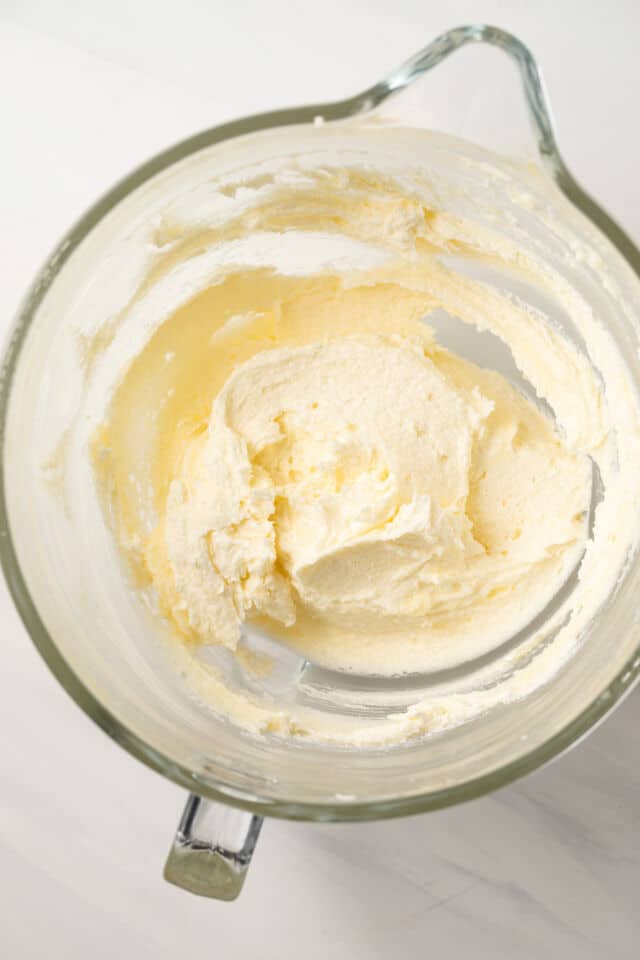 Creamed butter and sugar in mixing bowl.