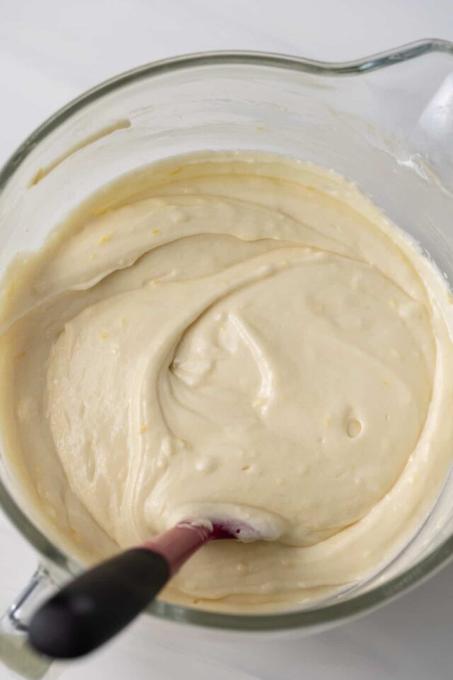 Lemon cake batter in a mixing bowl