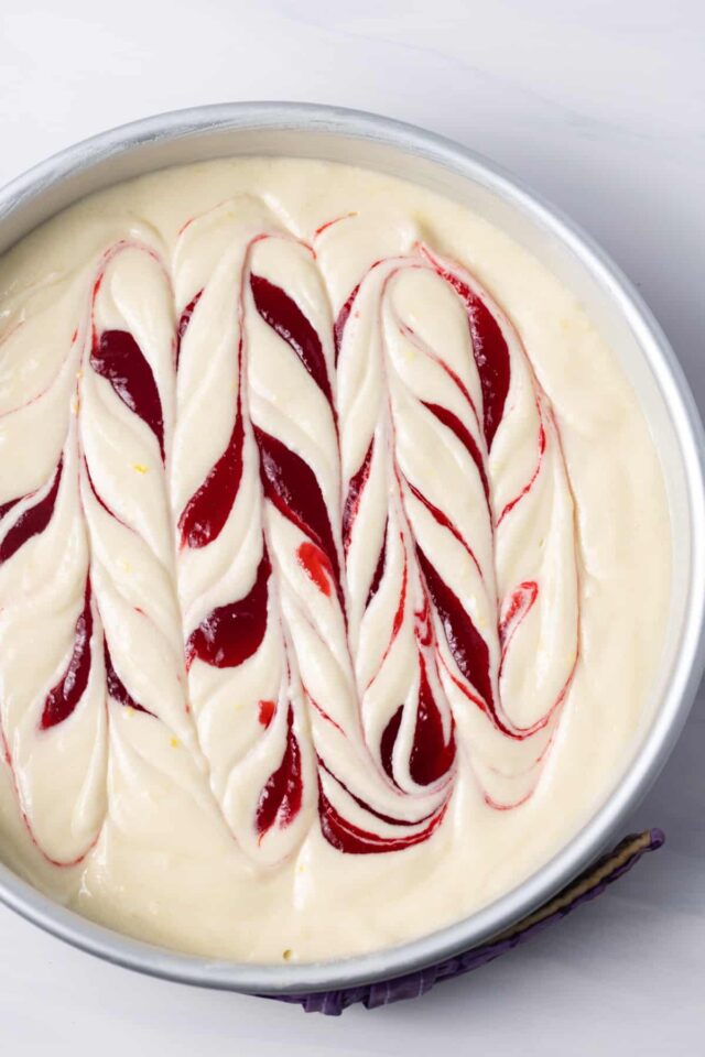 Lemon cake with raspberry jam swirled in the batter