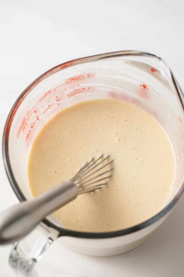 Clafoutis batter in a mixing bowl