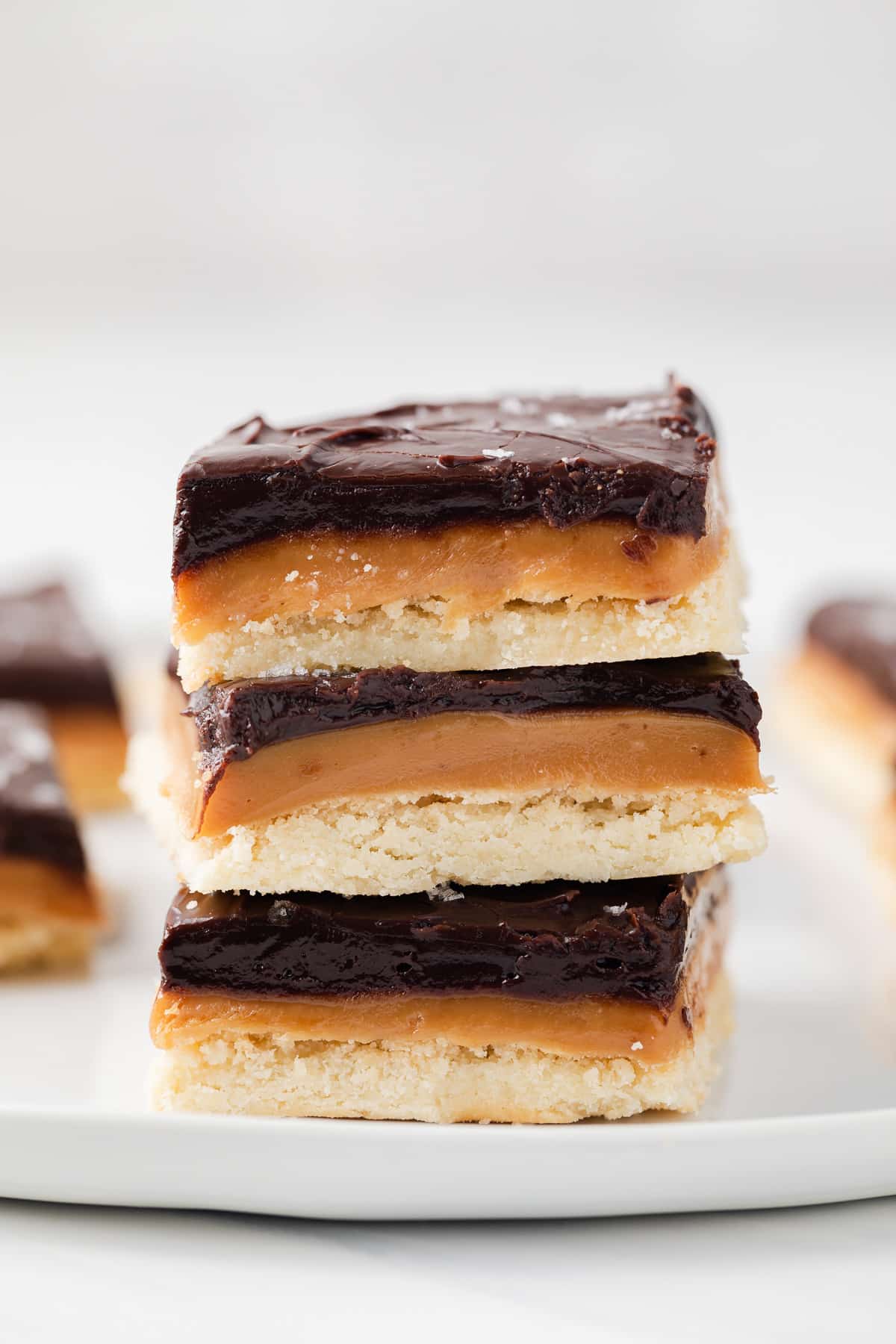 Millionaire's shortbread stacked three high.