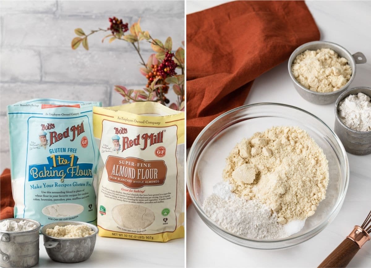 image of bag of Bob's Red Mill Gluten free flour and almond flour plus image of both flours in a glass bowl
