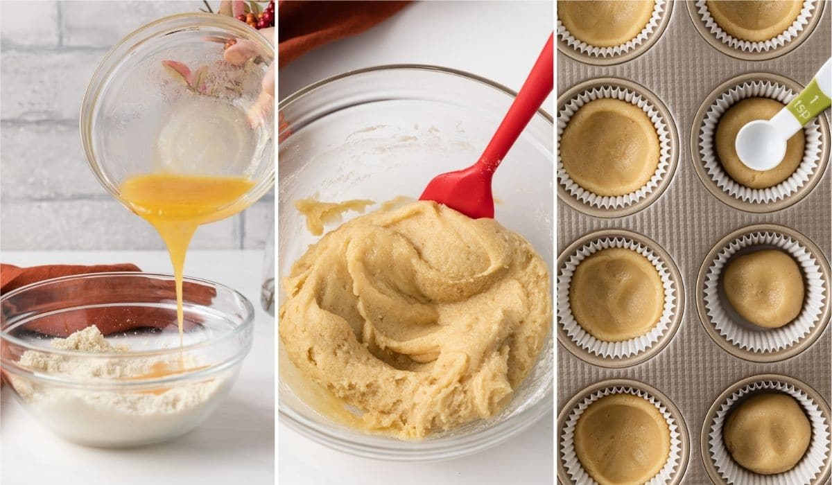 process shots showing wet ingredients being added to dry ingredients, dough mixed in glass bowl, and dough pressed into muffin cups lined with paper liners