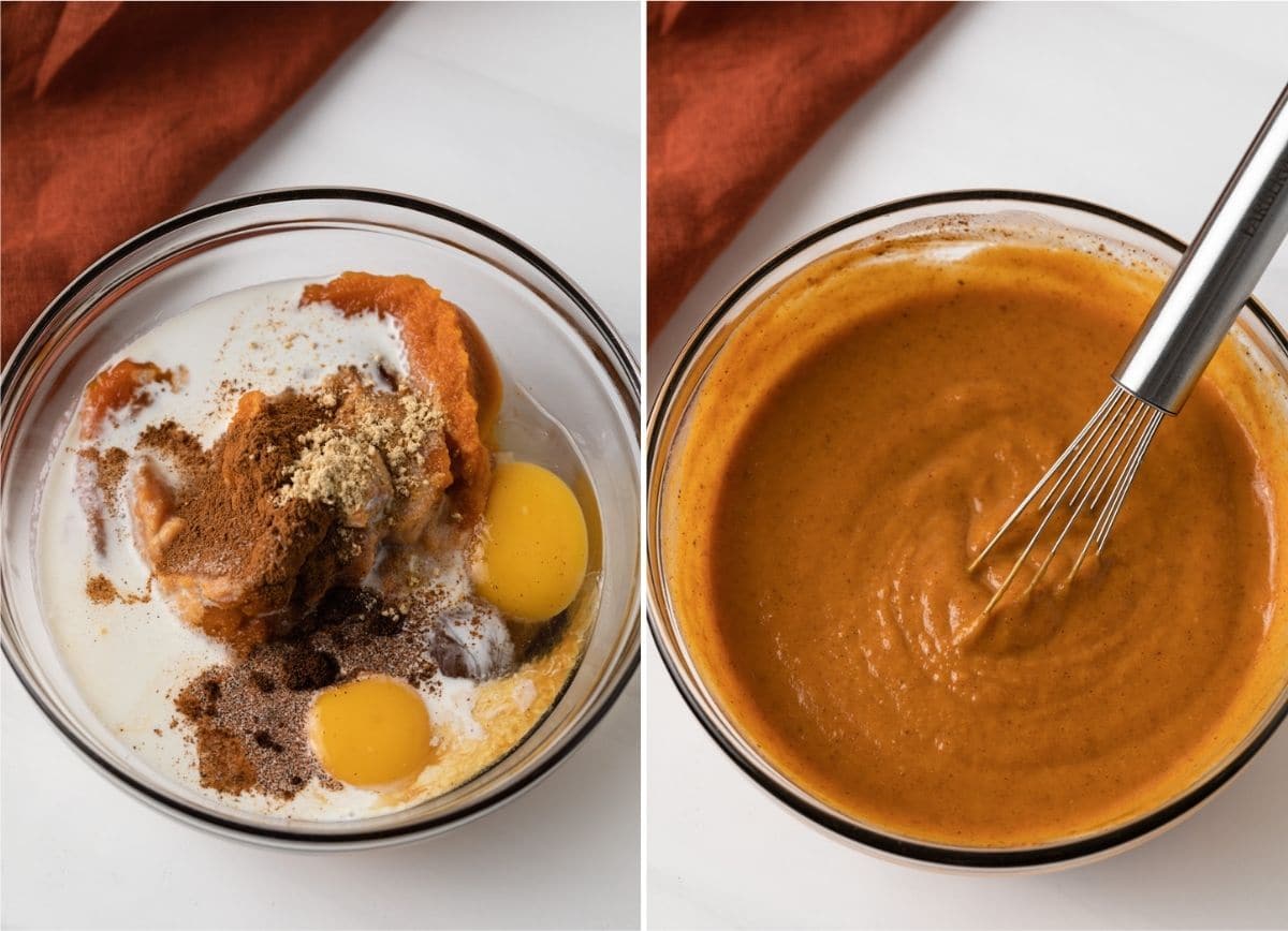 ingredients for filling in glass bow next to pumpkin pie filling mixed in glass bowl
