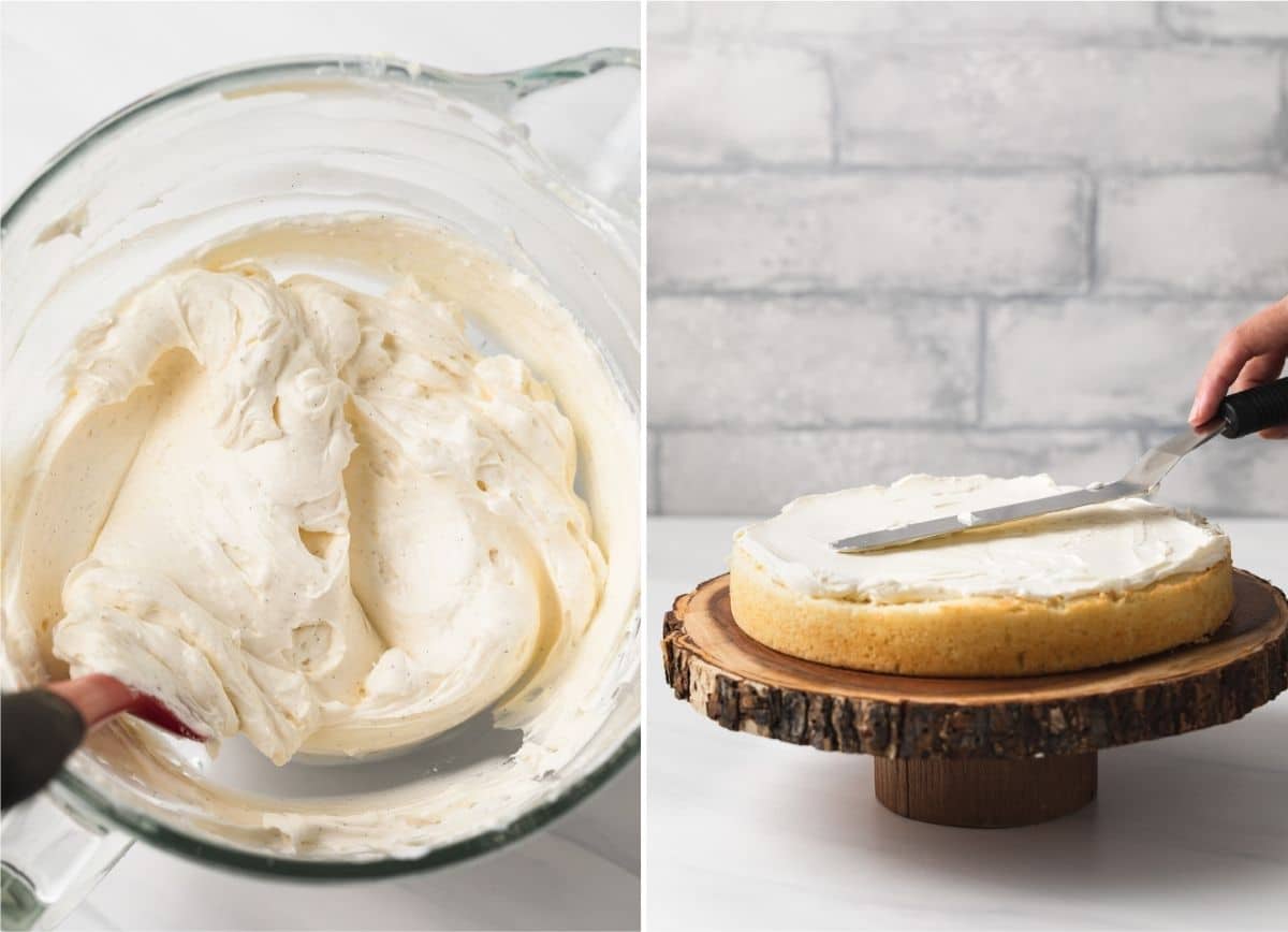 two process shots showing vanilla frosting in glass bowl and frosting being spread over vanilla cake on wood stand