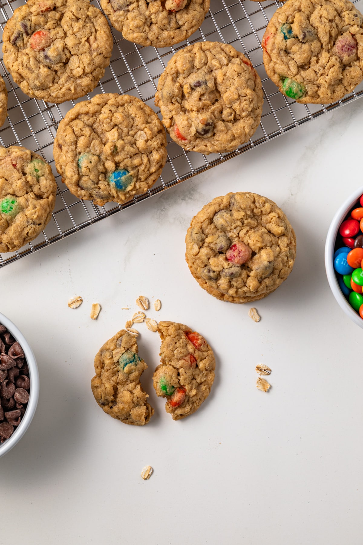 Monster cookies with once broken apart.