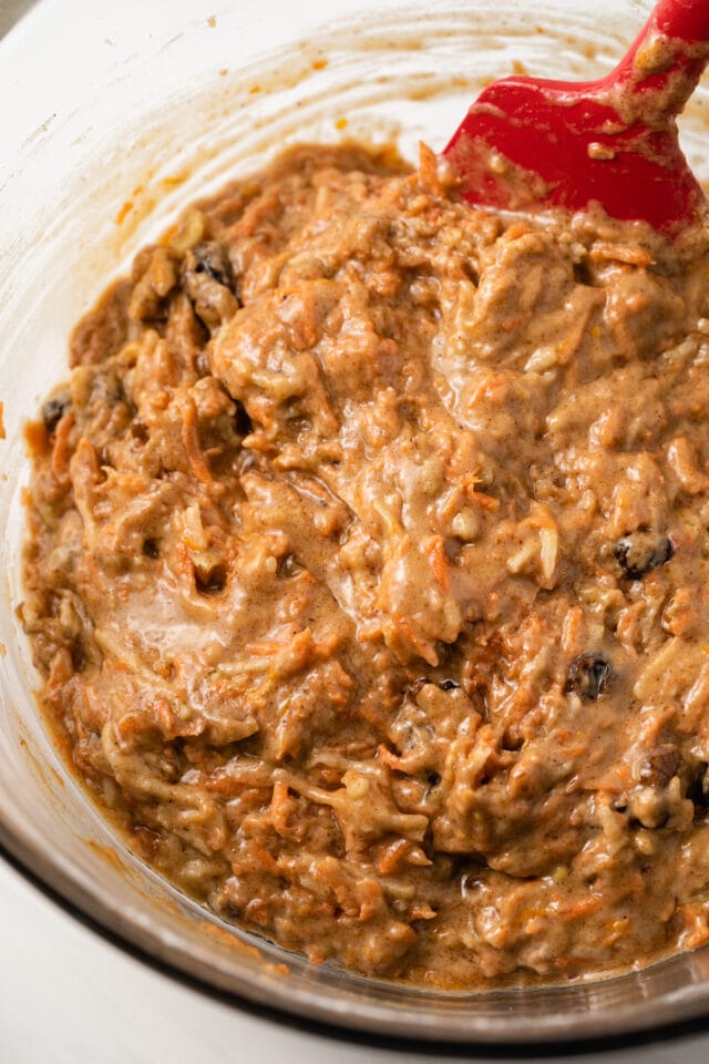 Muffin batter in a glass bowl.