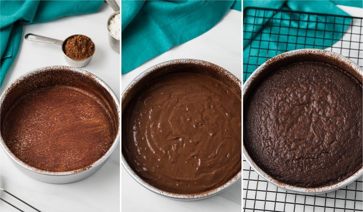 cake pan dusted cocoa powder, chocolate cake batter in round cake pan, baked cake in cake pan