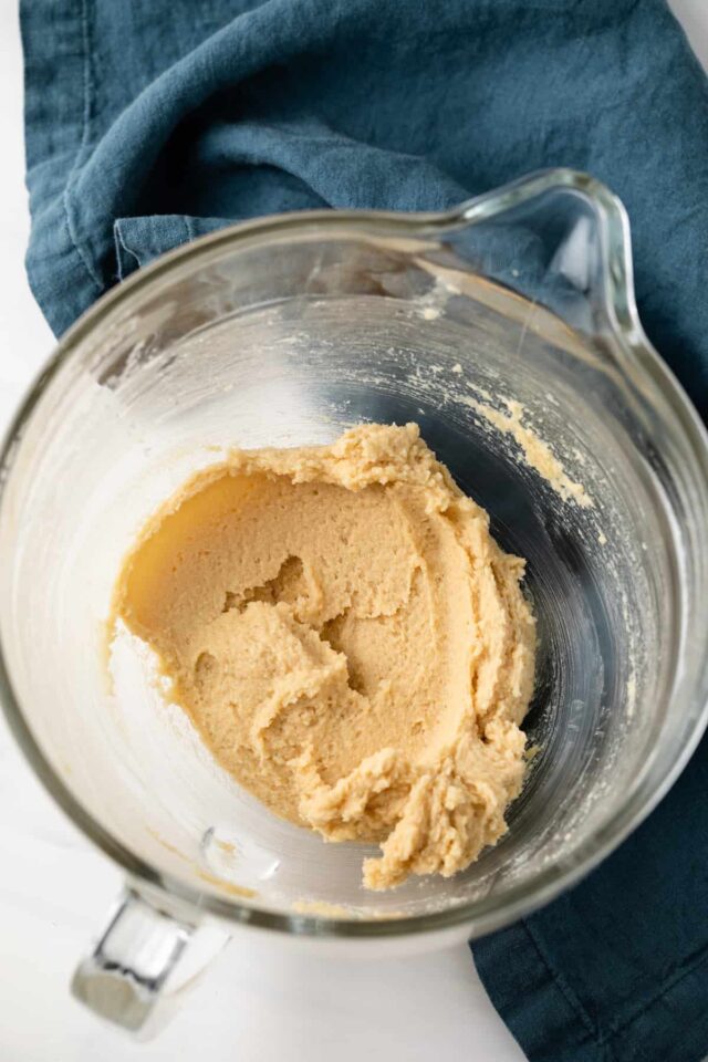 Cookie dough in a mixing bowl