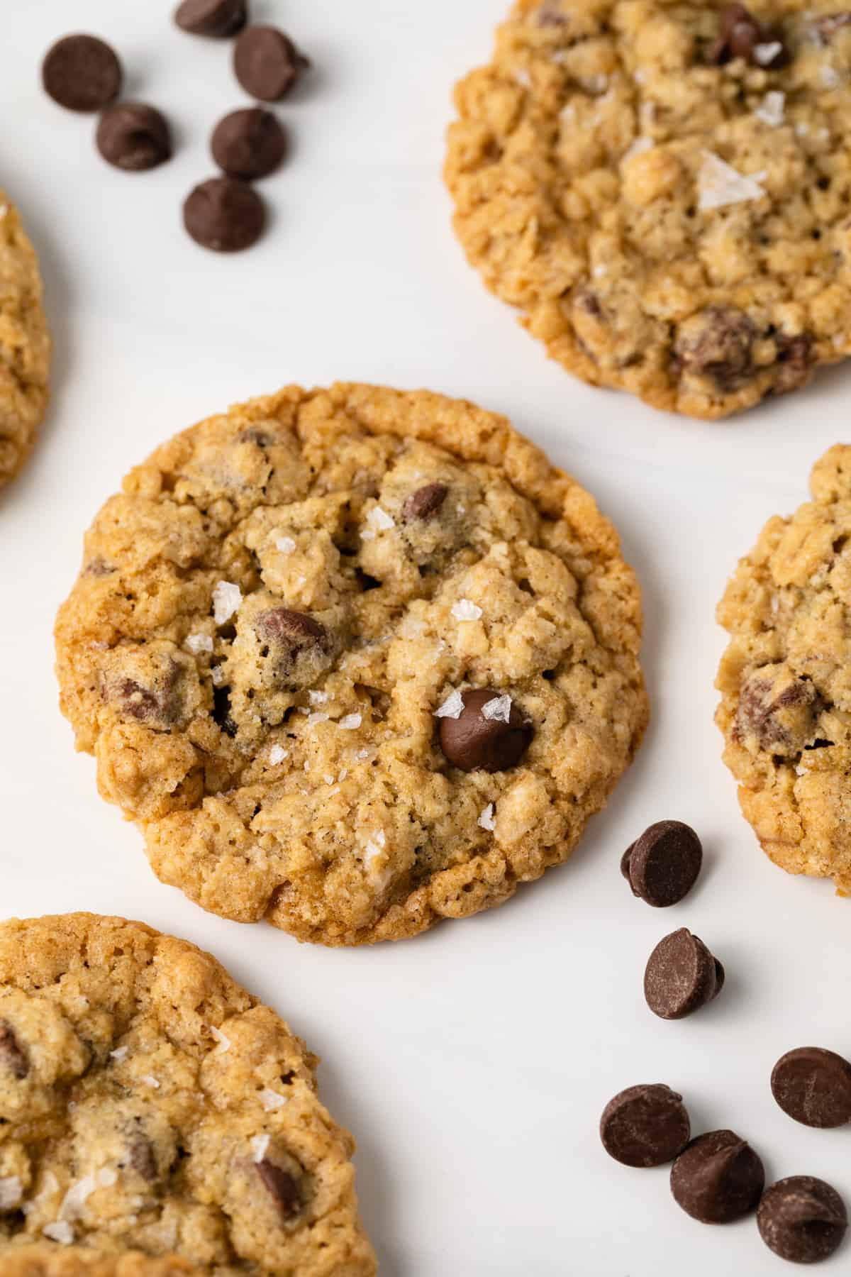 Overhead view of freshly baked chocolate chip cookies with oatmeal