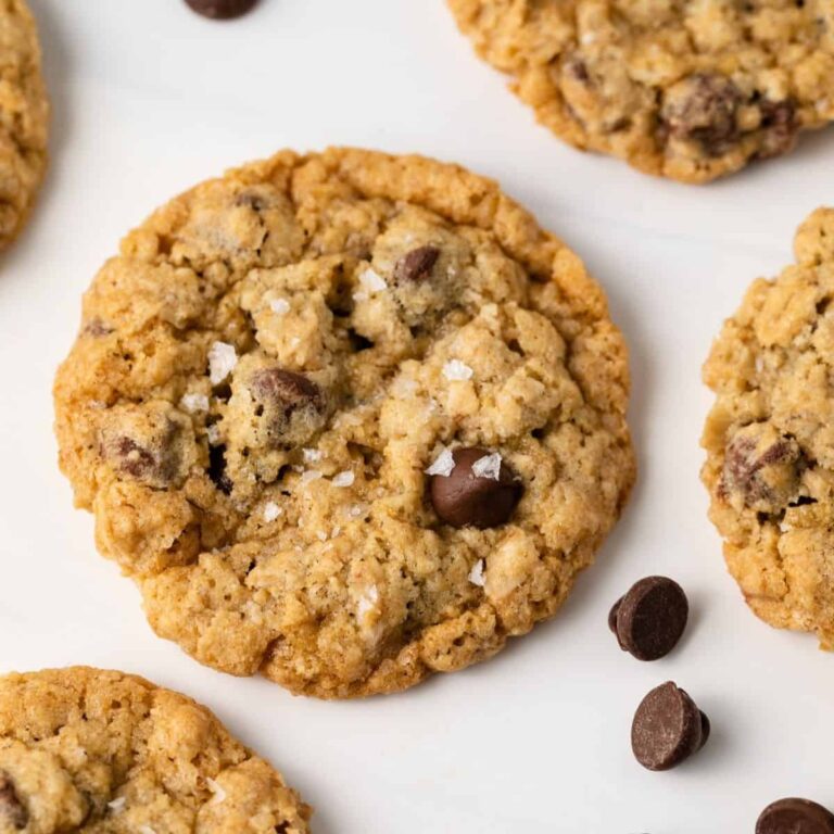 Overhead view of freshly baked chocolate chip cookies with oatmeal