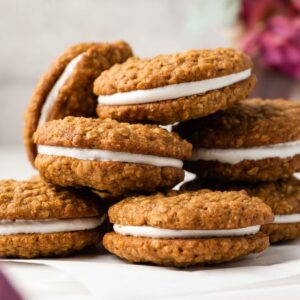 Oatmeal cream pies stacked on a tabletop.
