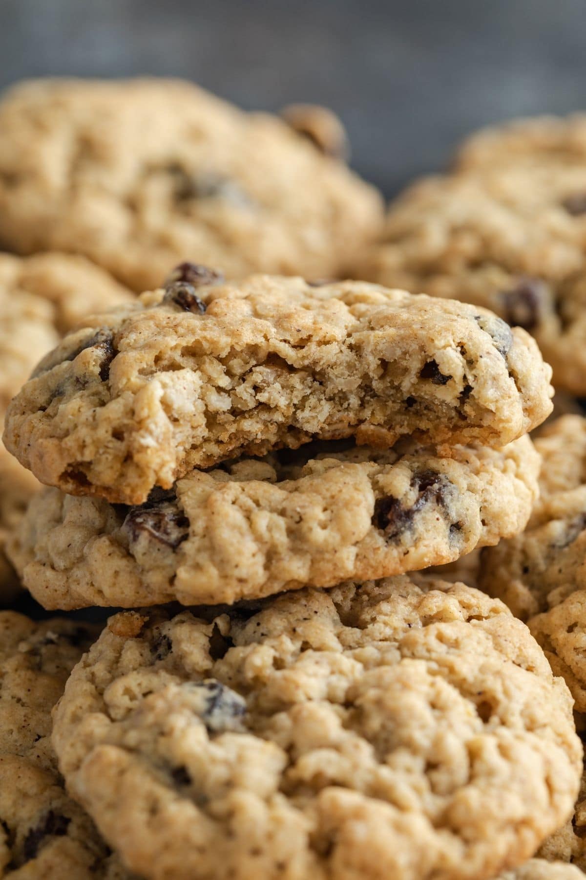 oatmeal raisin cookie with a bite taken out to show insides