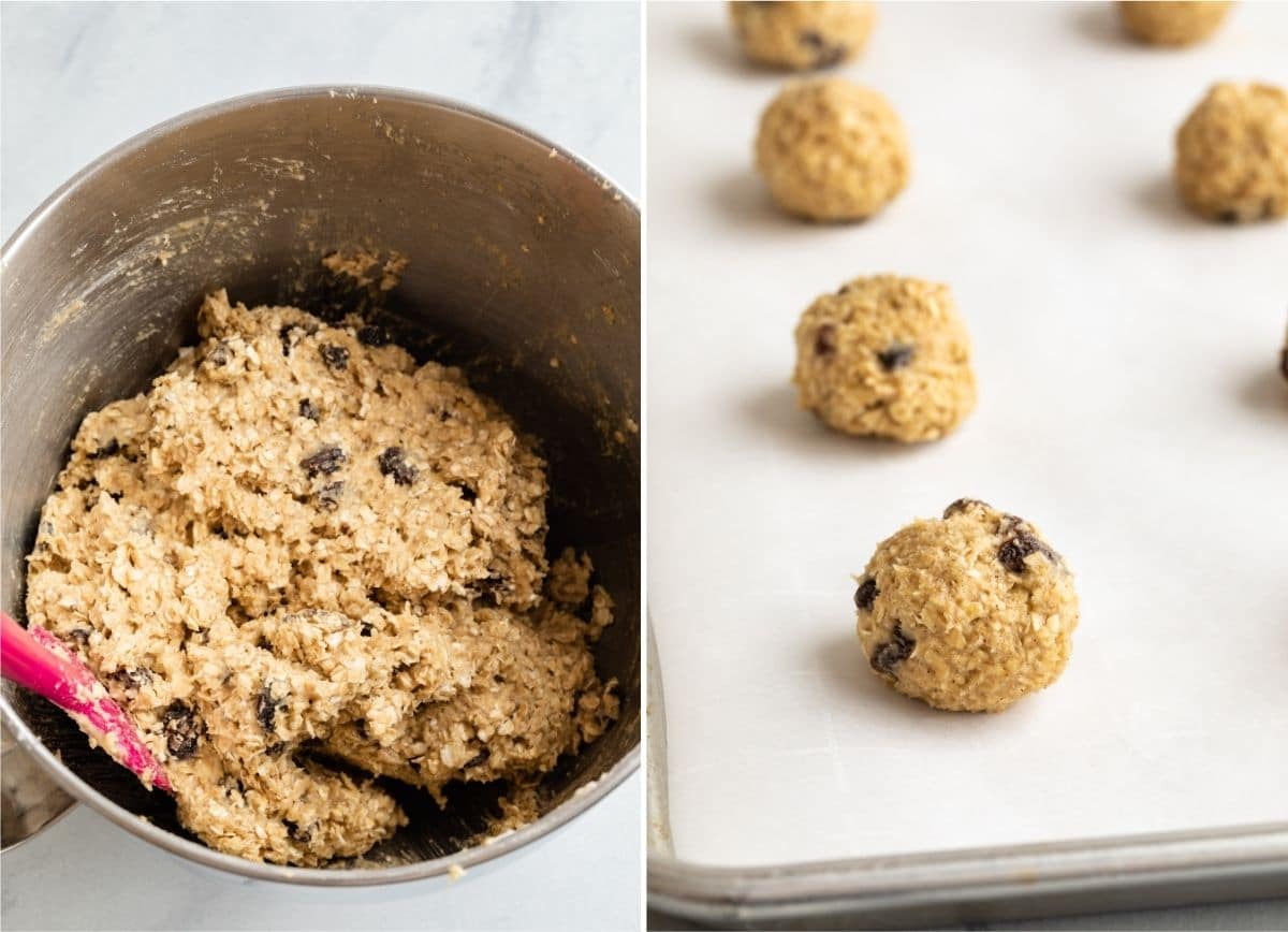 oatmeal raisin cookie dough in a bowl and shaped in balls on baking sheet