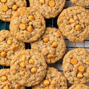 Close up of oatmeal scotchies on wire rack.