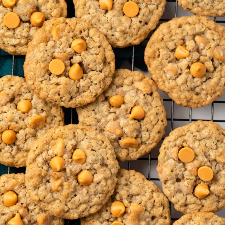 Close up of oatmeal scotchies on wire rack.