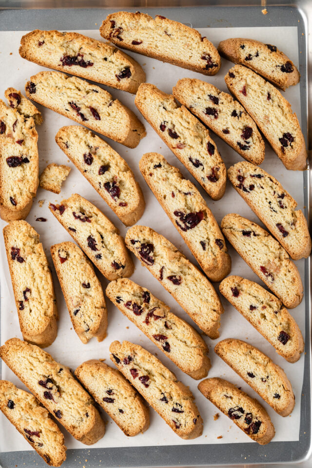 Orange cranberry biscotti on a baking sheet
