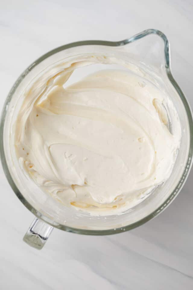 No bake cheesecake batter in mixing bowl.