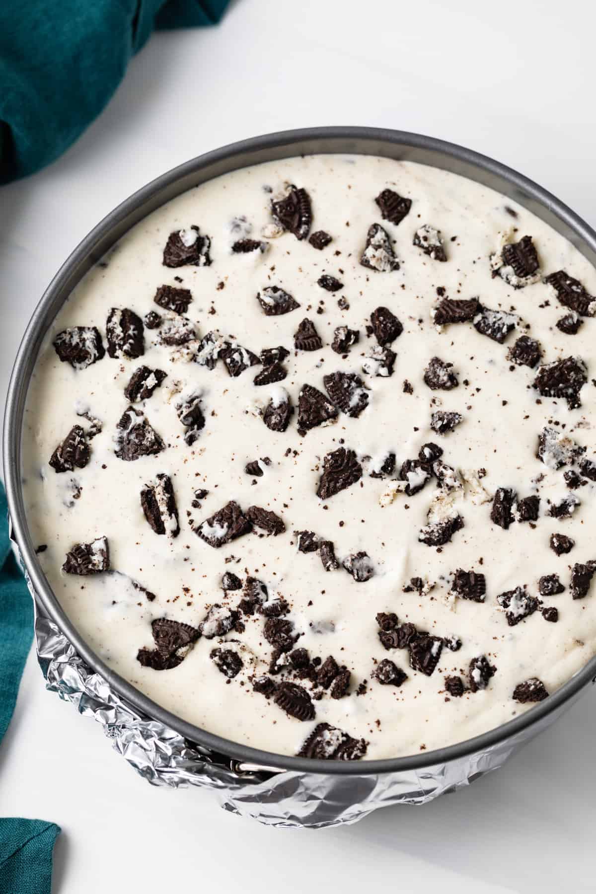 unbaked oreo cheesecake in pan