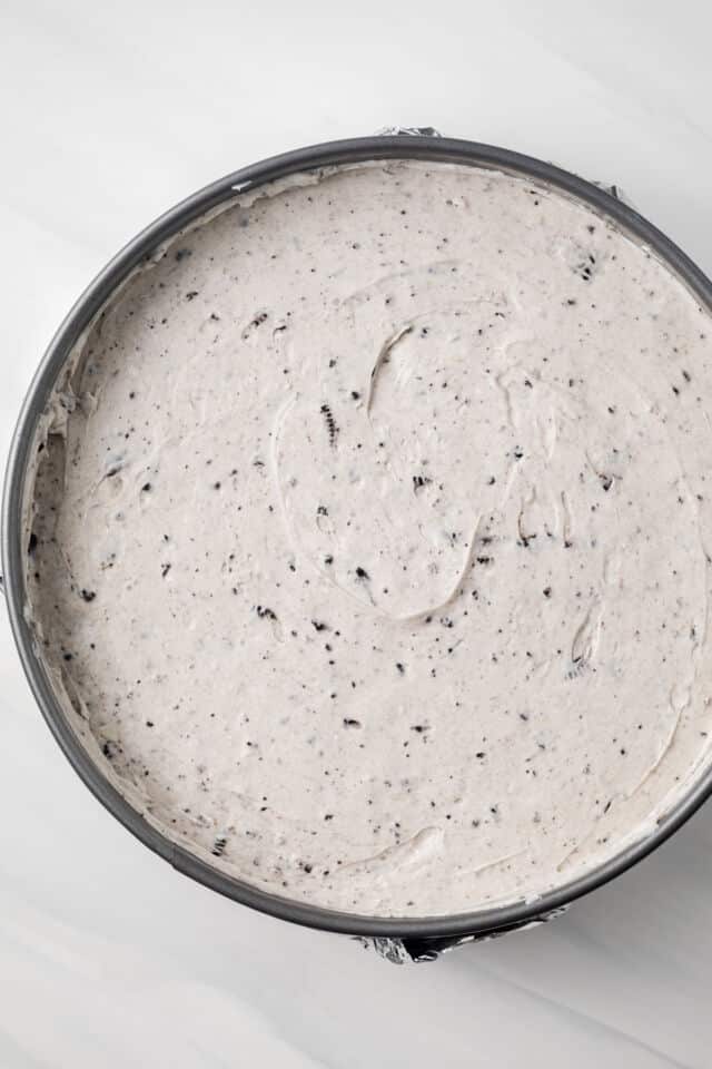 No bake Oreo cheesecake in baking pan.