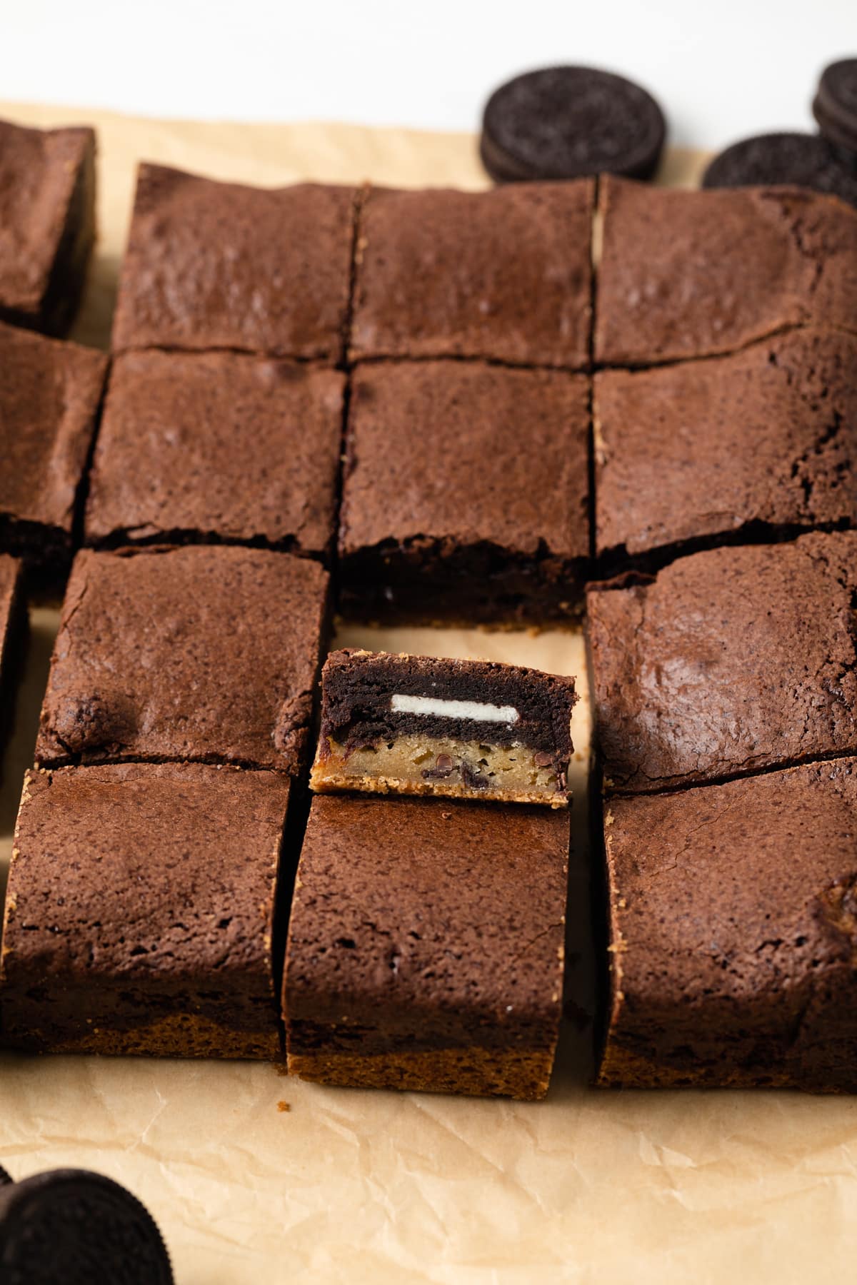 Oreo stuffed brookie on its side so inside is visible.
