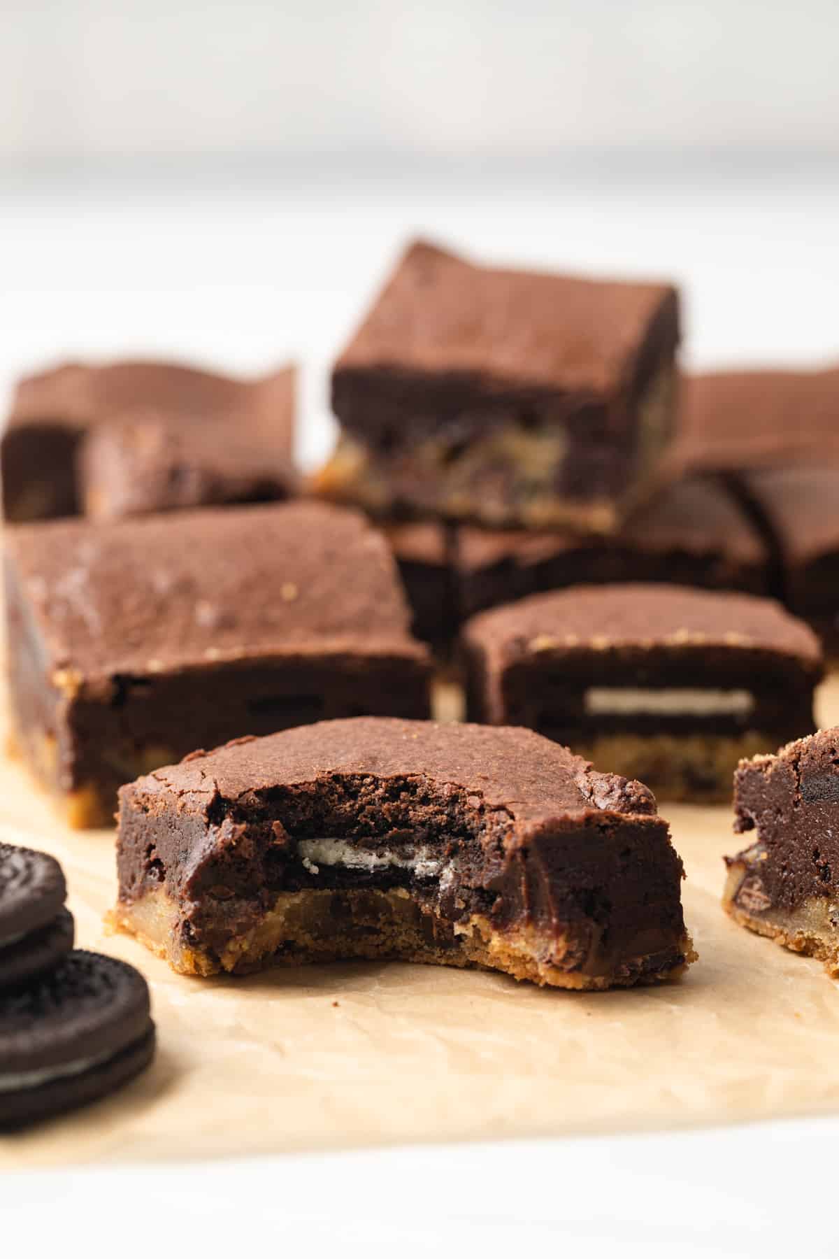 Oreo stuffed brookie with a bite taken out.