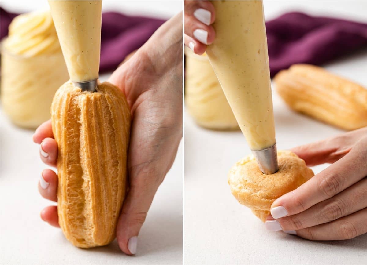process shots showing how to fill pastries with custard.