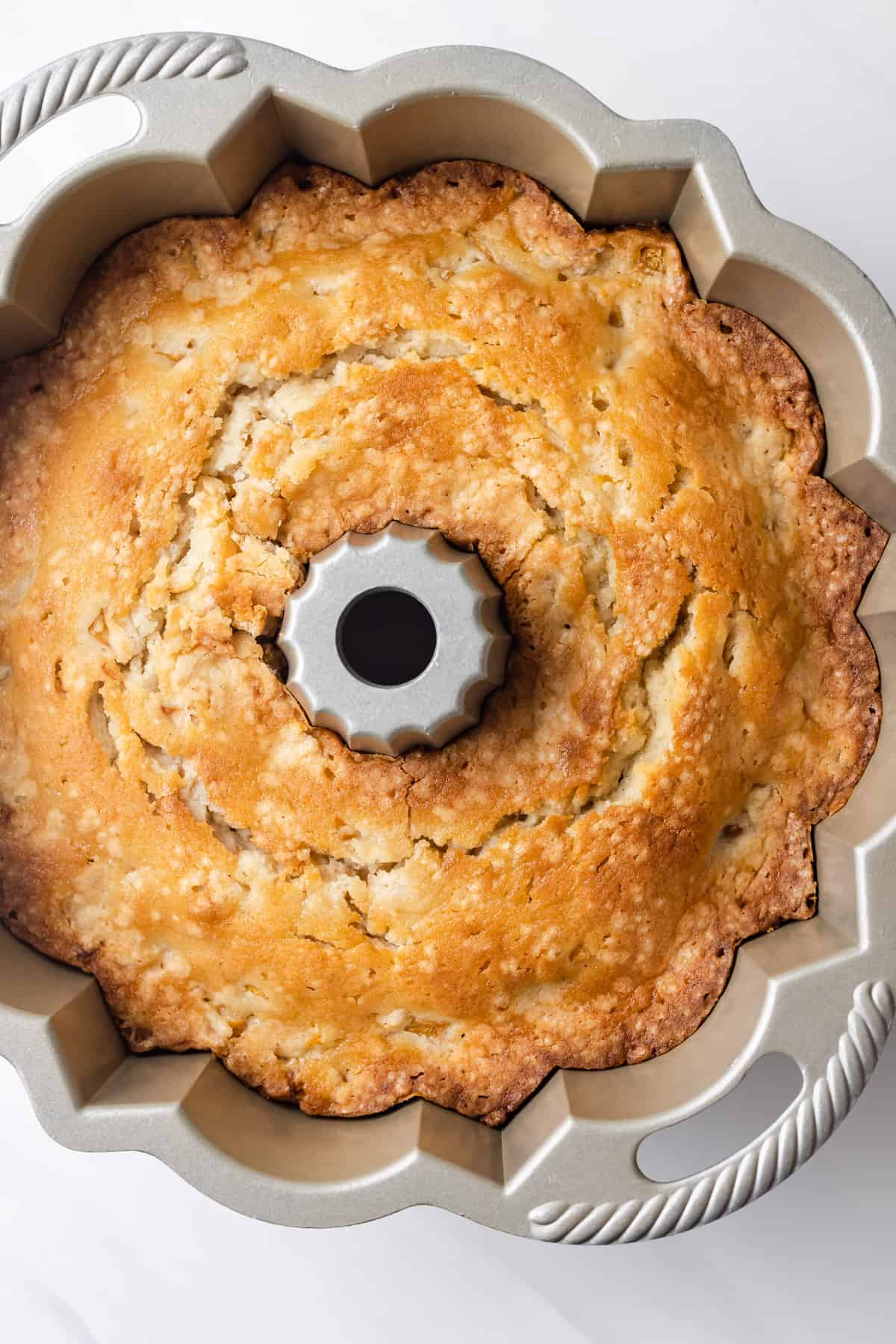 Freshly baked peach pound cake in the pan