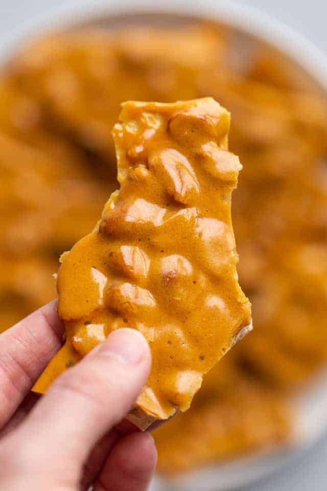 close up of piece of peanut brittle