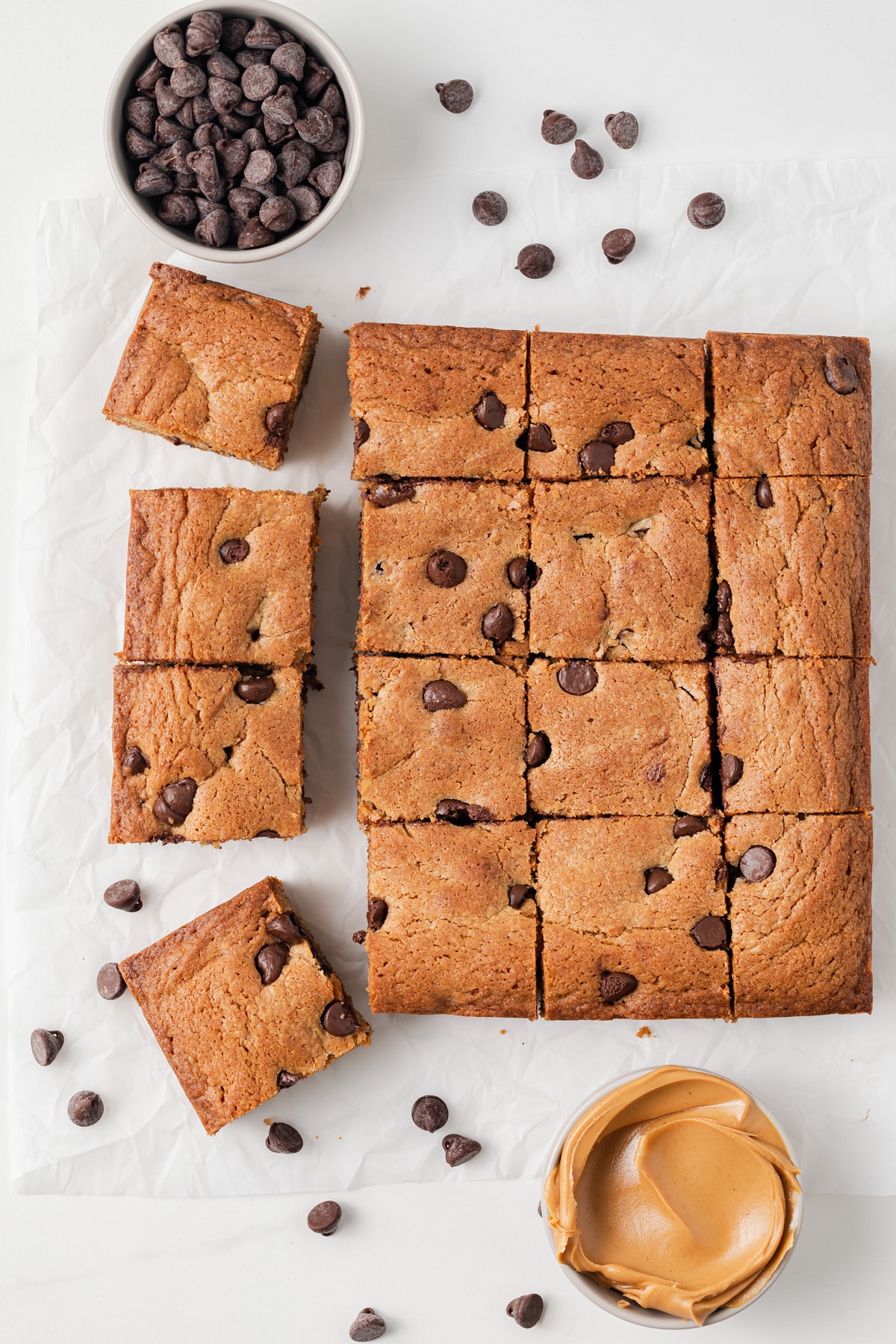 Overhead of sliced peanut butter chocolate chip blondies.
