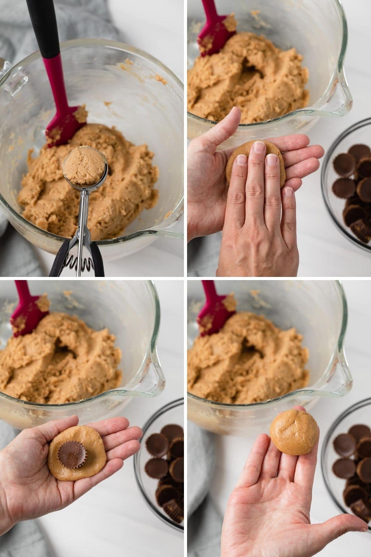 Process shots showing how to stuff peanut butter cookie dough with peanut butter cups.