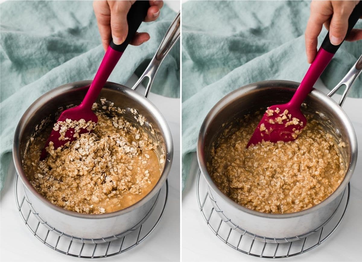 process shots showing mixing of peanut butter no bake cookies in a pot