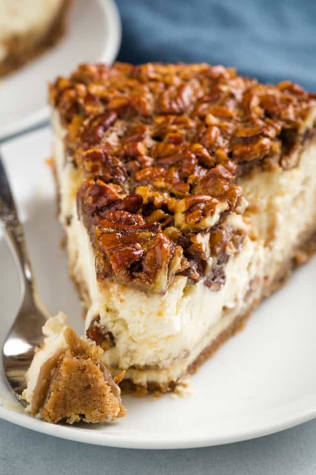 closeup of pecan pie cheesecake with a fork taking a bite out