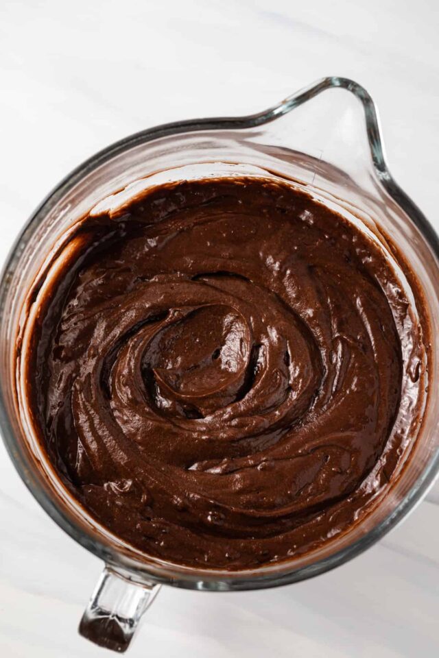 Fudge cake batter in a mixing bowl